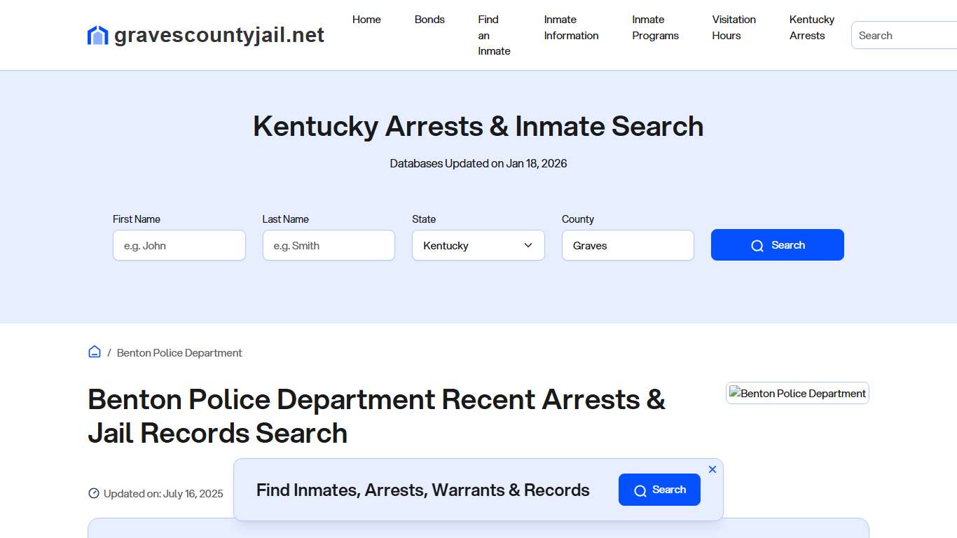 Benton Police Department, KY Arrests, Records, Jail Roster Lookup