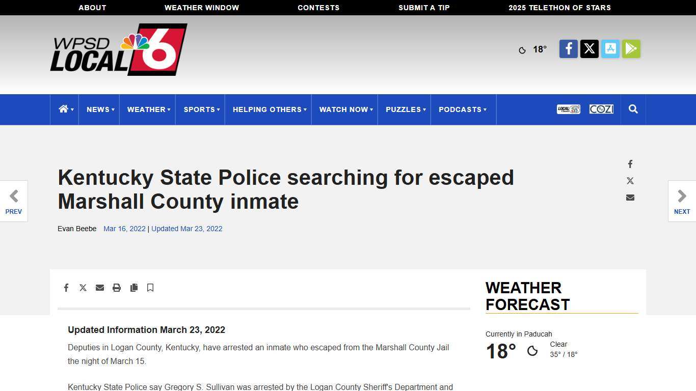 Kentucky State Police searching for escaped Marshall County inmate | <span class="tnt-section-tag no-link">News</span> | WPSD Local 6