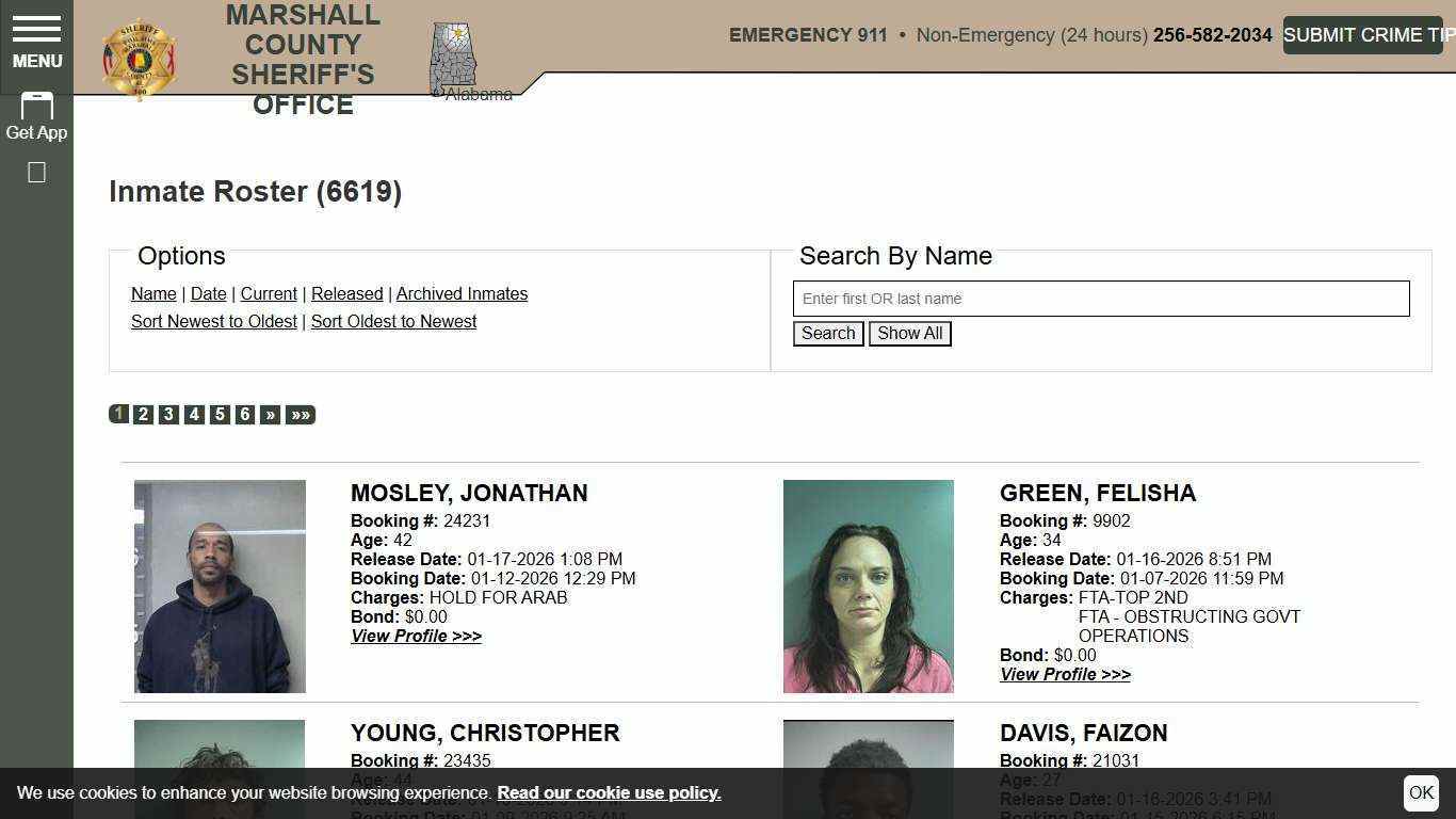 Inmate Roster | Marshall County Sheriff's Office | Sort Release Time - Descending | Page 1