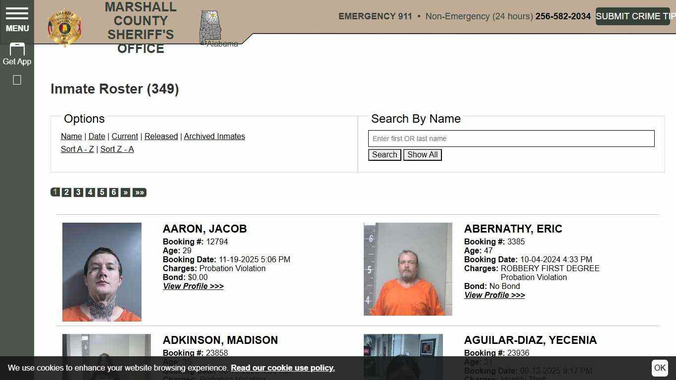 Inmate Roster | Marshall County Sheriff's Office | Sort Name - Ascending | Page 1